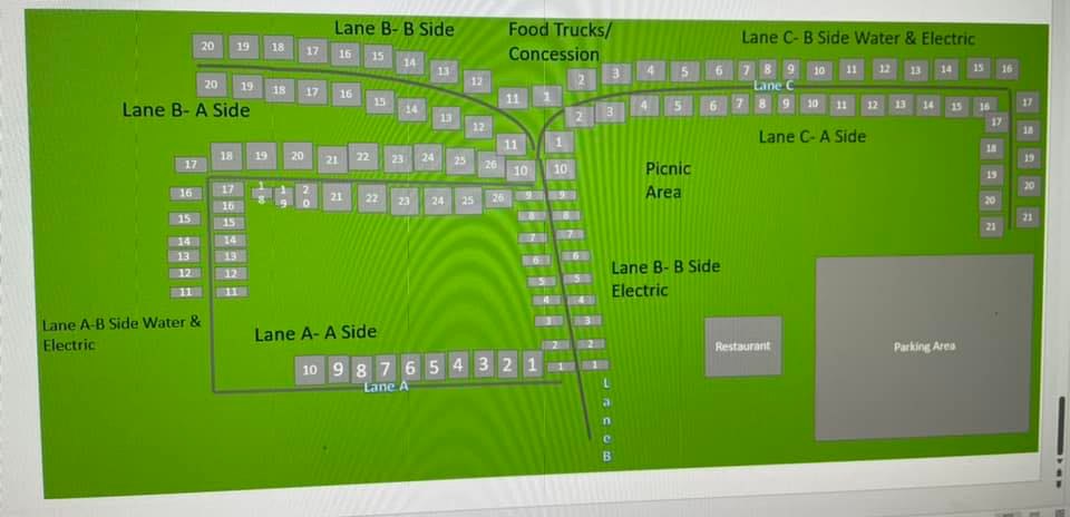 Henderson Trade Days vendor parking map showing lanes A, B, C, food truck area, picnic area, and parking